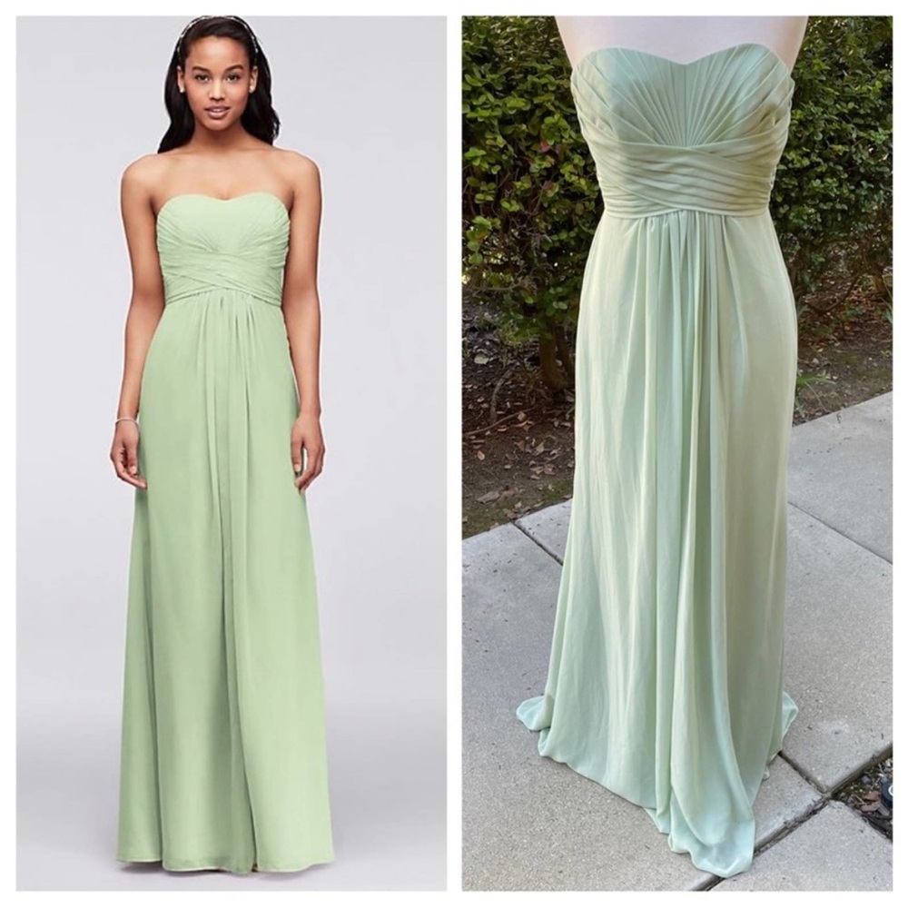 David’s Bridal NWT long strapless chiffon dress with pleated bodice Sz 2 Meadow